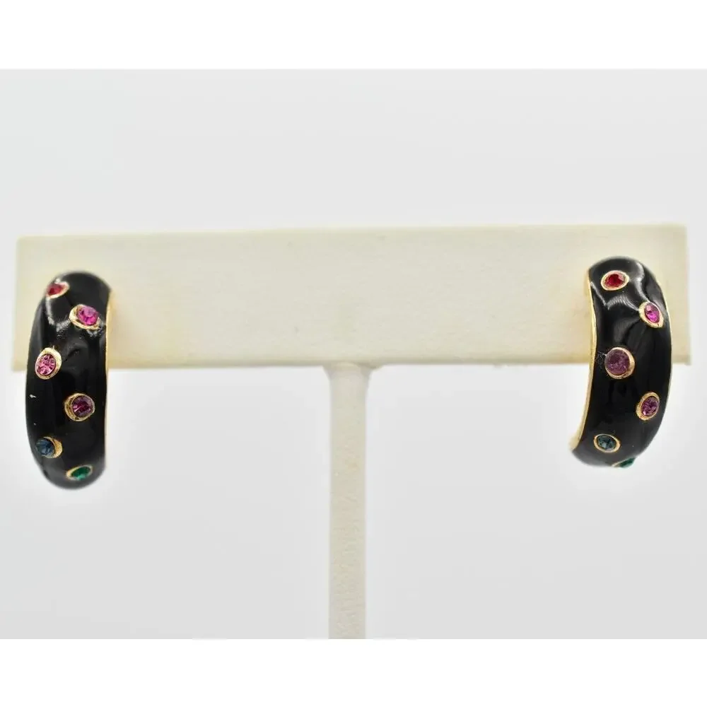 Vintage Dangle Crystal Hoop Earrings Black Enamel Multi-Color NOS 1980s 9L